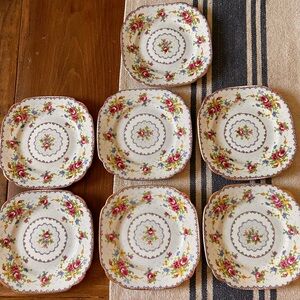 7 x 1940s Royal Albert Bone China Petit Point Square Salad/side/dessert Plate